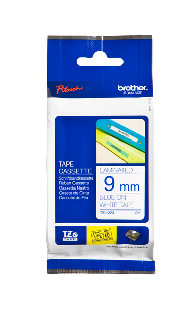 Labeltape Brother P-touch TZe-223 standaard 9mm blauw op wit Labeltape Brother P-touch TZe-223 standaard 9mm blauw op wit