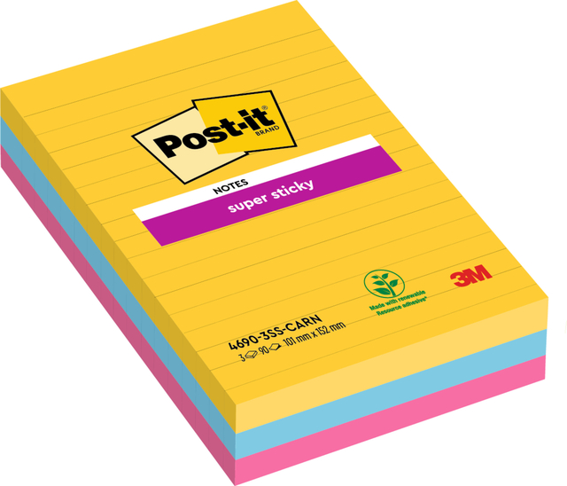 Memoblok Post-it 4690 Super Sticky 101x152mm lijn Carnival 3 stuks Memoblok Post-it 4690 Super Sticky 101x152mm lijn Carnival 3 stuks