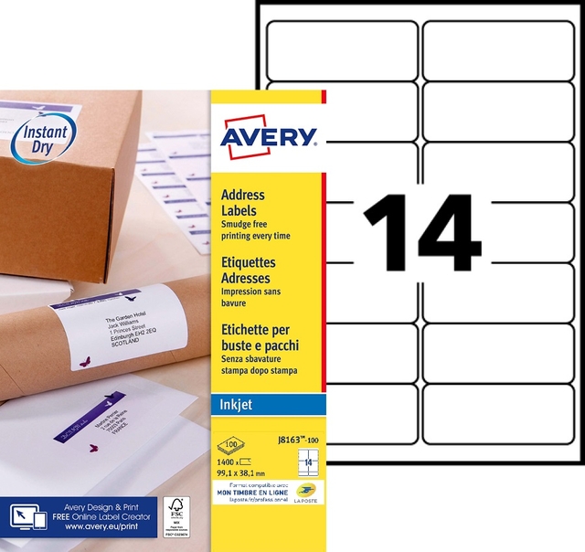 Etiket Avery J8163-100 99.1x38.1mm wit 1400 etiketten