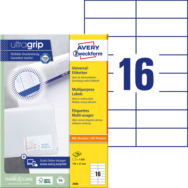 Etiket Avery Zweckform 3484 105x37mm wit 1600stuks