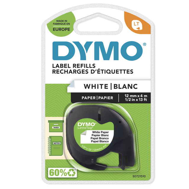 Labeltape Dymo LetraTag papier 12mm zwart op wit Labeltape Dymo LetraTag papier 12mm zwart op wit