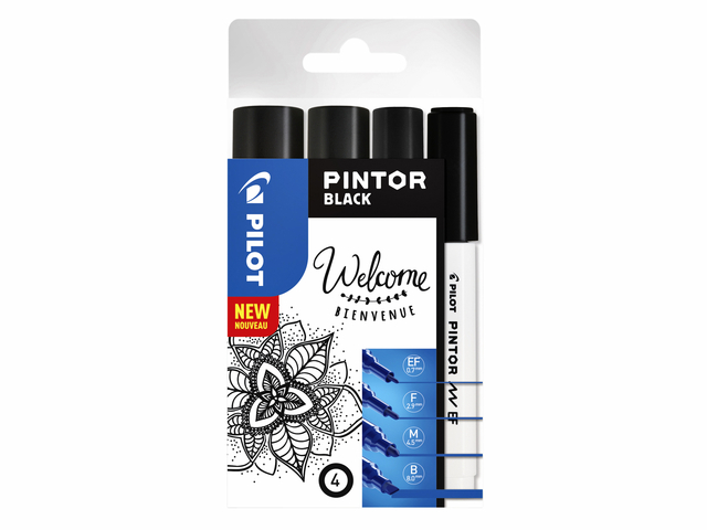 Verfstift Pilot Pintor assorti breedtes zwart etui à 4 stuks Verfstift Pilot Pintor assorti breedtes zwart etui à 4 stuks