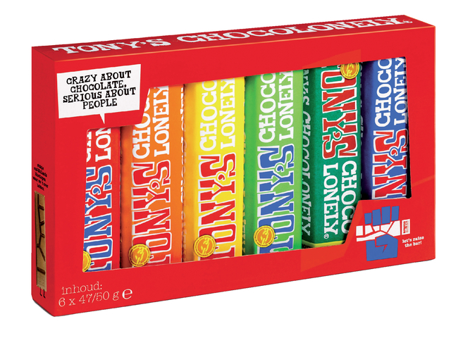 Chocolade Tony's Chocolonely Proeverijtje  6 repen à 47/50gr Chocolade Tony's Chocolonely Proeverijtje  6 repen à 47/50gr