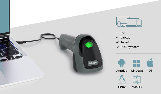 barcode scanner, USB scanner, handheld scanner, green light, laptop connection