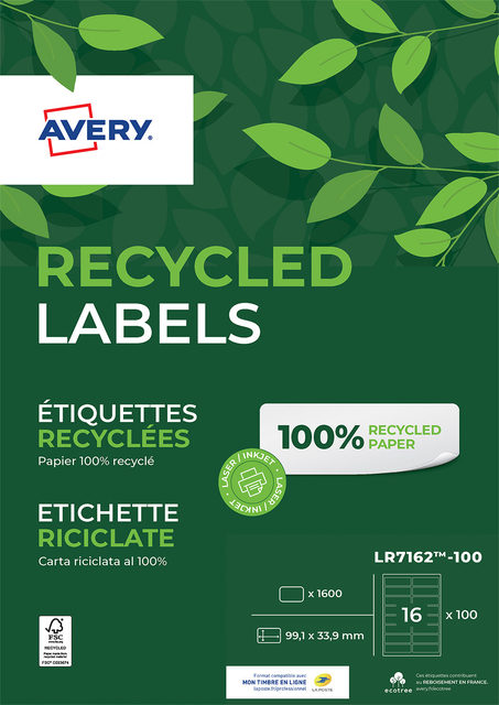 Etiket Avery LR7162-100 99.1x33.9mm recycled wit 1600 etiketten Etiket Avery LR7162-100 99.1x33.9mm recycled wit 1600 etiketten