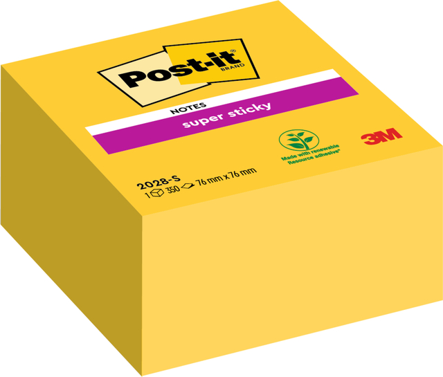 Memoblok Post-it 2028 Super Sticky 76x76mm kubus geel Memoblok Post-it 2028 Super Sticky 76x76mm kubus geel