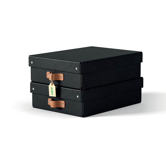 kist, opslagkist, zwart, lederaccent, lage box