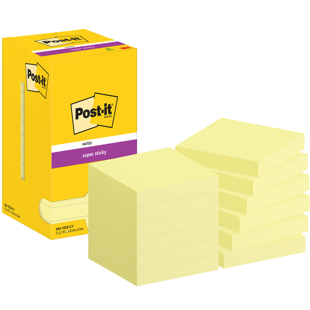 Memoblok Post-it 654 Super Sticky 76x76mm canary yellow 12 stuks Memoblok Post-it 654 Super Sticky 76x76mm canary yellow 12 stuks