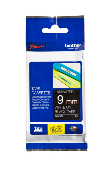 Labeltape Brother P-touch TZe-325 standaard 9mm wit op zwart Labeltape Brother P-touch TZe-325 standaard 9mm wit op zwart