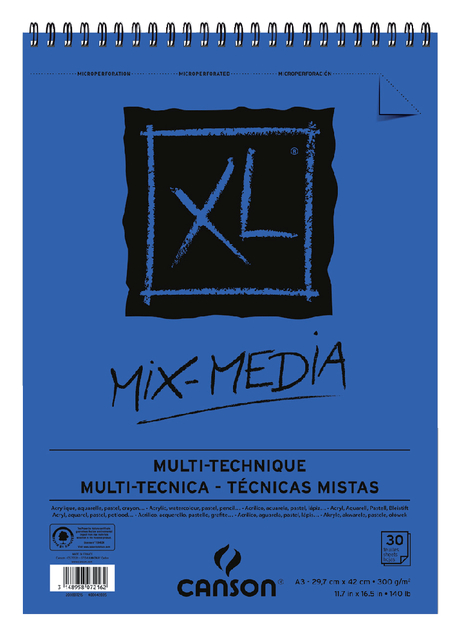 Aquarelblok Canson  XL Mix Media  A3 300gr spiraal 30 vel