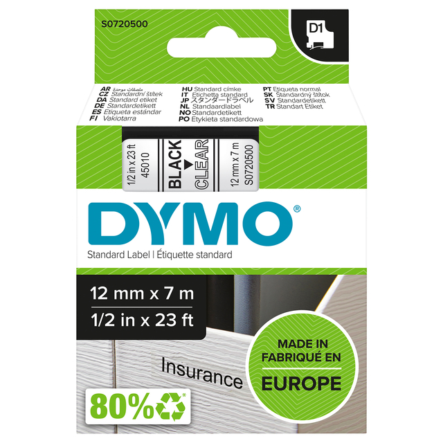 Labeltape Dymo LabelManager D1 polyester 12mm zwart op transparant Labeltape Dymo LabelManager D1 polyester 12mm zwart op transparant