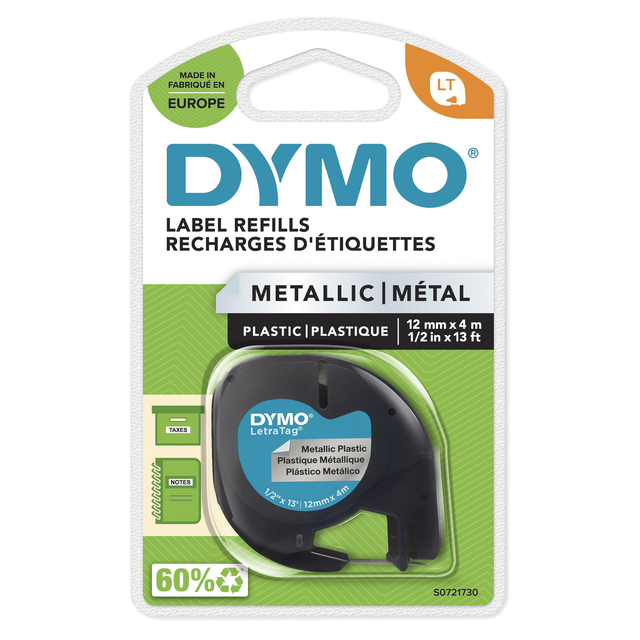 Labeltape Dymo LetraTag metallic 12mm zwart op zilver Labeltape Dymo LetraTag metallic 12mm zwart op zilver