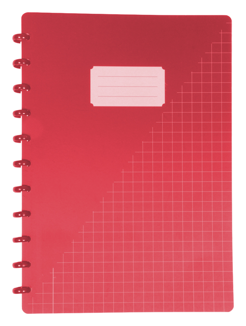 notebook, spiral-bound, red, grid pattern, pocket label