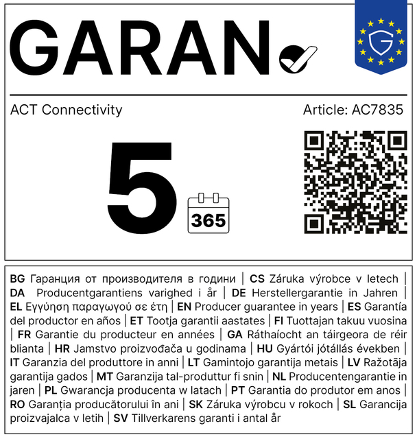 garantielabel, 5 jaar garantie, QR-code, ACT Connectivity, artikelnummer