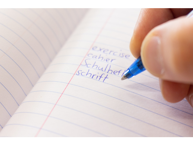 notitieboek, blauw-inkt schrijven, lijnschrift, balpen, kantoorartikel