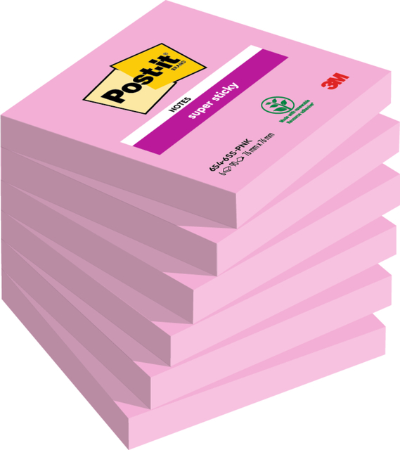 Memoblok Post-it 654 Super Sticky 76x76mm roze 90 vel Memoblok Post-it 654 Super Sticky 76x76mm roze 90 vel