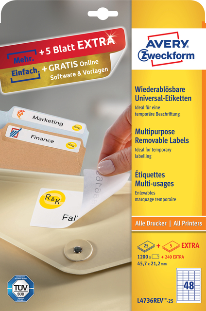 Etiket Avery L4736REV-25 45.7x21.2mm wit 1200 etiketten Etiket Avery L4736REV-25 45.7x21.2mm wit 1200 etiketten
