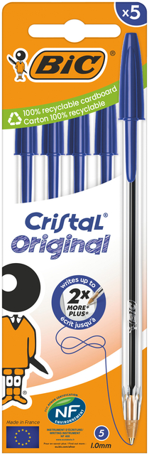 Balpen Bic Cristal medium blauw blister à 5 stuks Balpen Bic Cristal medium blauw blister à 5 stuks