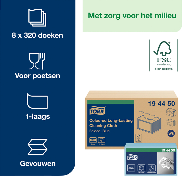 Reinigingsdoek Tork W8 Premium 1-laags 8x40 vel blauw 194450