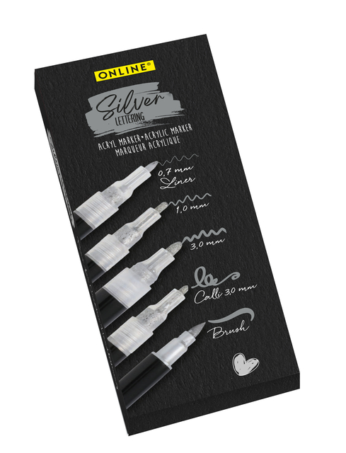 Acrylmarker Online lettering 5 breedtes zilver Acrylmarker Online lettering 5 breedtes zilver