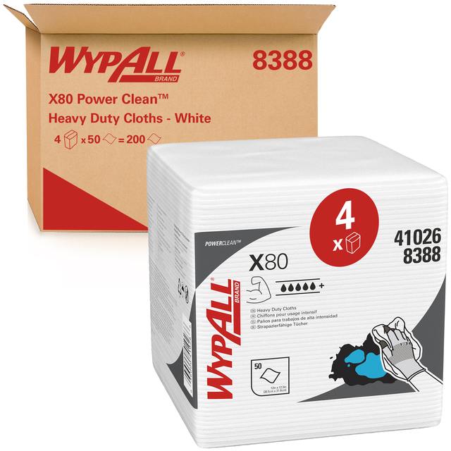 Poetsdoek WypAll X80 PowerClean 305x317mm 4x50vel wit 8388 Poetsdoek WypAll X80 PowerClean 305x317mm 4x50vel wit 8388