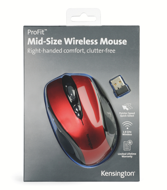 mid-size, wireless mouse, red and black, usb receiver, wireless mouse packaging