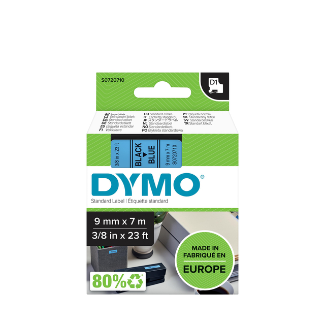 Labeltape Dymo LabelManager D1 polyester 9mm zwart op blauw Labeltape Dymo LabelManager D1 polyester 9mm zwart op blauw