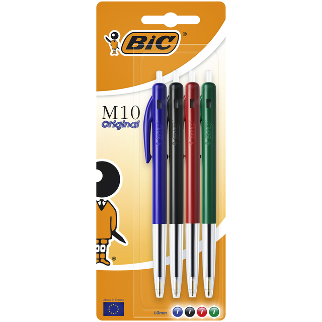 Balpen Bic M10 medium assorti blister à 4 stuks Balpen Bic M10 medium assorti blister à 4 stuks