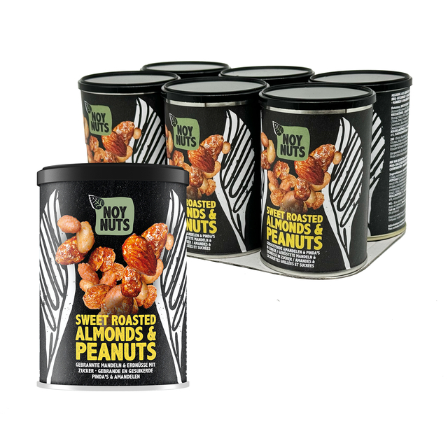 Pinda's NoyNuts gesuikerd en gebrand met amandelen blik 135 gram Pinda's NoyNuts gesuikerd en gebrand met amandelen blik 135 gram