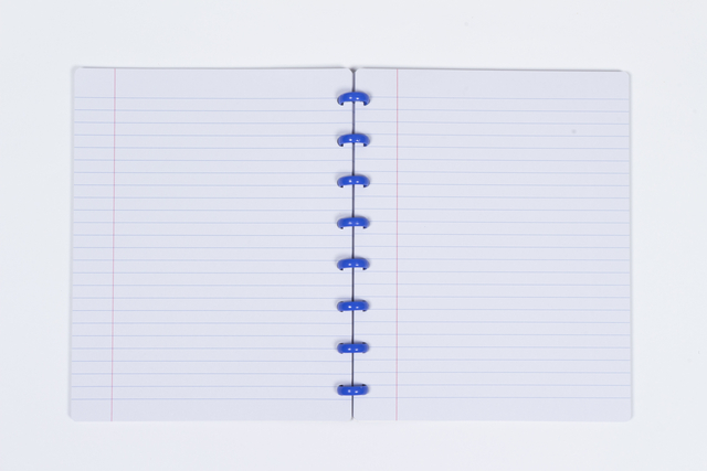 notebook, spiral-bound, lined paper, blue rings, open notebook