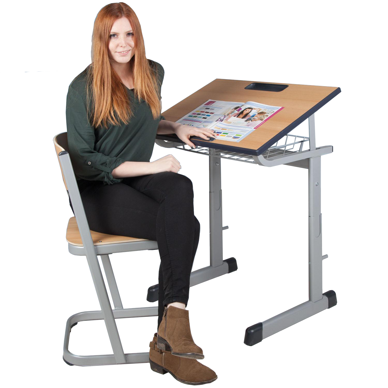 TSH50Z-K tweepersoons studententafel met melaminehars gecoat tafelblad, in hoogte en hoek verstelbaar