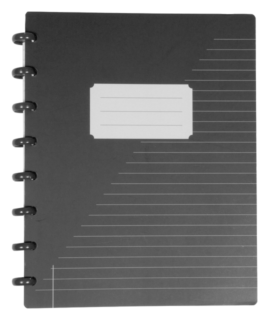 notebook, spiral bound, black cover, label window, lined pages