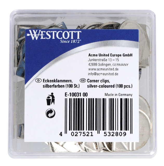 Hoekclips Westcott aluminium zilverkleurig doos à 100 stuks Hoekclips Westcott aluminium zilverkleurig doos à 100 stuks