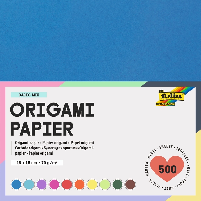 Origami papier Folia 70gr 15x15cm 500 vel assorti kleuren Origami papier Folia 70gr 15x15cm 500 vel assorti kleuren