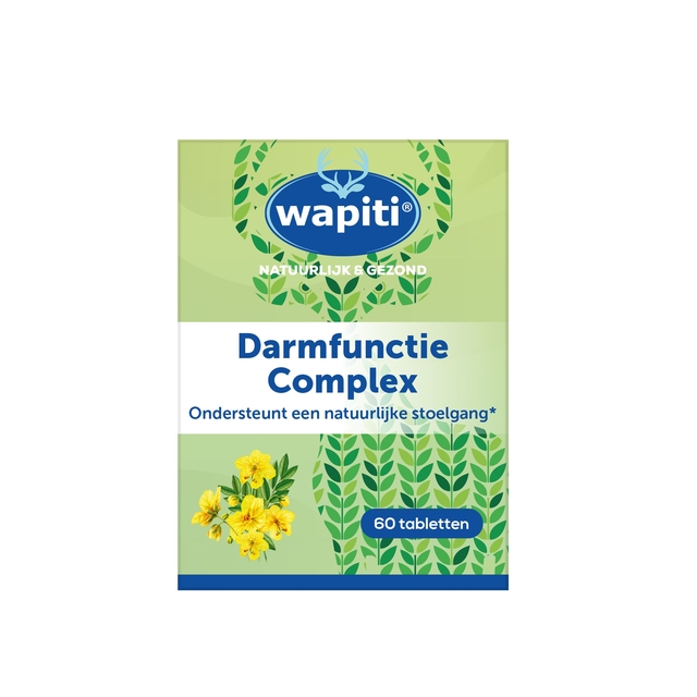 darmfunctie complex, tabletten, natuurlijke supplement, gele bloemen, groene bladeren