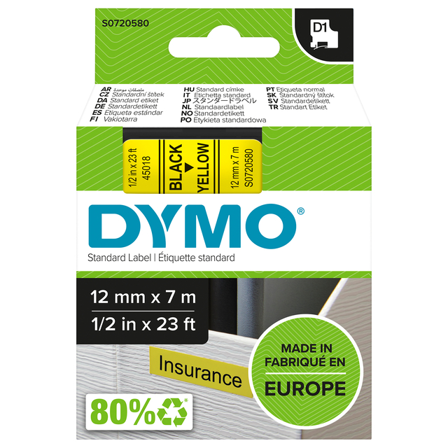 Labeltape Dymo LabelManager D1 polyester 12mm zwart op geel Labeltape Dymo LabelManager D1 polyester 12mm zwart op geel