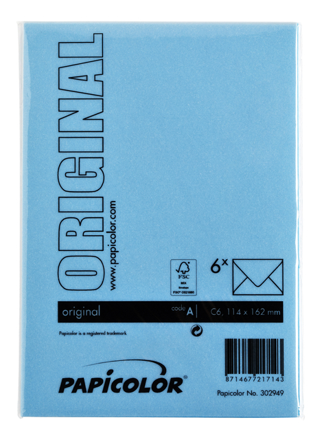 originaal, blauw vel papier, papicolor, envelop, briefpapier