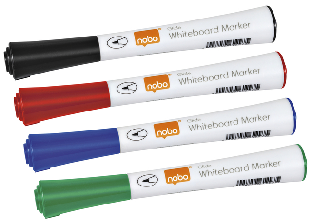 Whiteboardmarker Nobo Glide rond assorti 1mm 4st Whiteboardmarker Nobo Glide rond assorti 1mm 4st