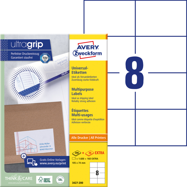 Etiket Avery Zweckform 3427-200 105x74mm wit 1600stuks