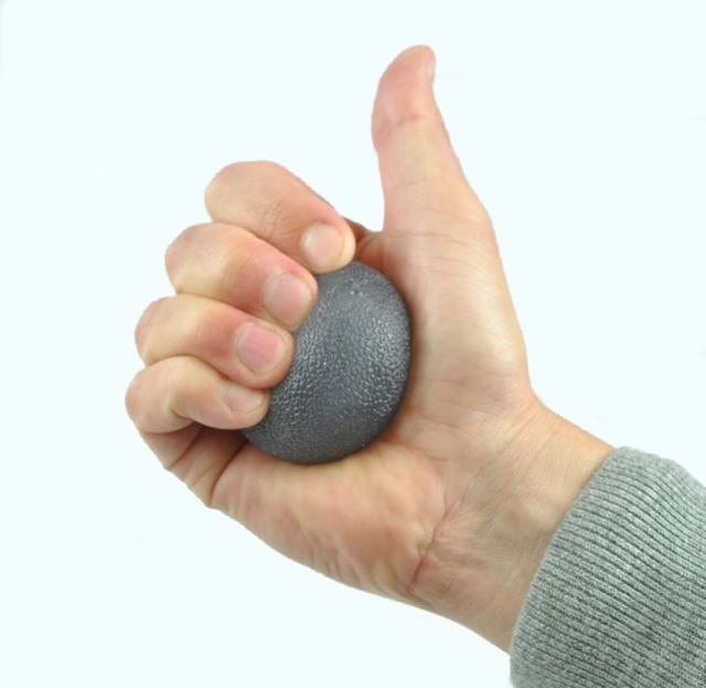 grip-bal, hand, gebonde, grijs, knijpbal