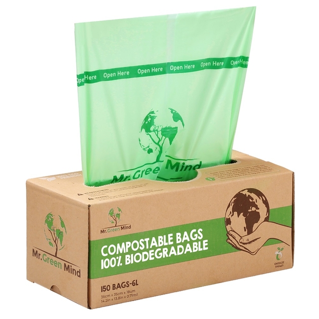 Afvalzak bio Mr.Green Mind 36x35cm 6 liter dispenser 150 stuks Afvalzak bio Mr.Green Mind 36x35cm 6 liter dispenser 150 stuks