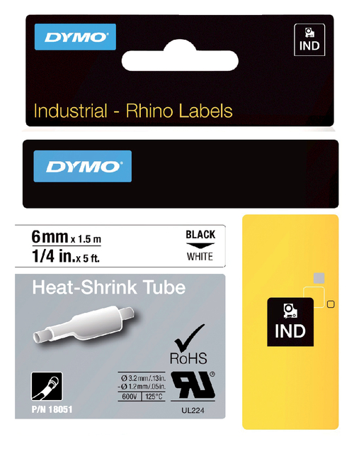 Labeltape Dymo Rhino industrieel krimpkous 6mm zwart op wit Labeltape Dymo Rhino industrieel krimpkous 6mm zwart op wit