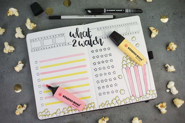 planner, bullet journal, highlighter, stickers, popcorn