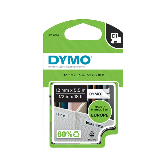 Labeltape Dymo LabelManager D1 polyester 12mmx5.5m zwart op wit Labeltape Dymo LabelManager D1 polyester 12mmx5.5m zwart op wit