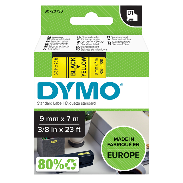 Labeltape Dymo LabelManager D1 polyester 9mm zwart op geel Labeltape Dymo LabelManager D1 polyester 9mm zwart op geel