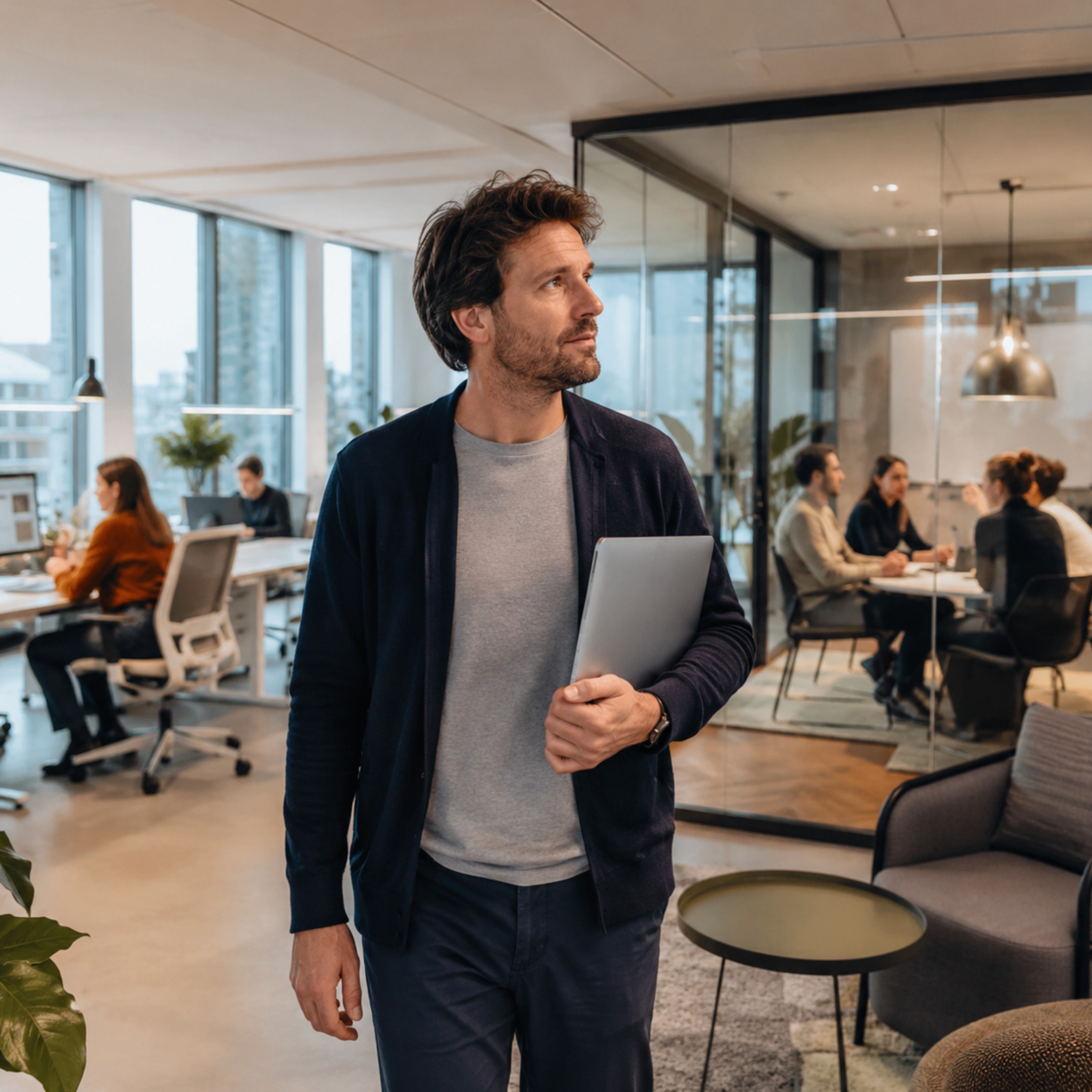 man, laptop, office, meeting, casual attire