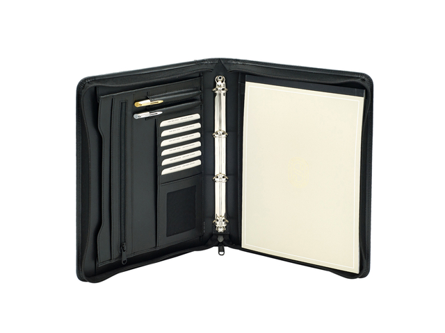 Schrijfmap van der Spek A4 4-rings 25mm O-mechaniek + rits rundleer met nerf zwart Schrijfmap van der Spek A4 4-rings 25mm O-mechaniek + rits rundleer met nerf zwart