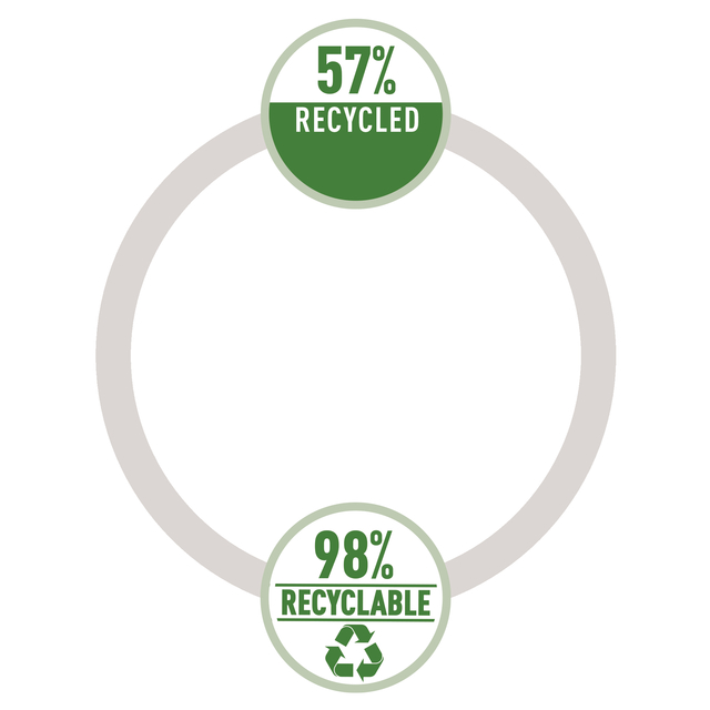 recycled, recycle symbool, eco label, 57% recycled, cirkel ring