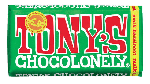 Chocolade Tony's Chocolonely melk hazelnoot reep 180gr Chocolade Tony's Chocolonely melk hazelnoot reep 180gr