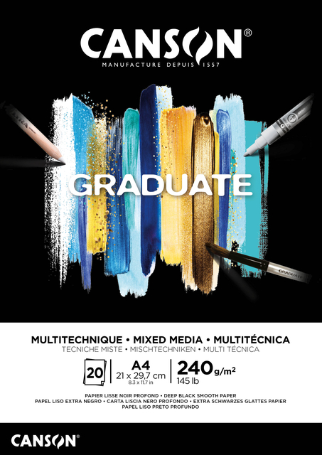 Mixed mediapapier Canson Graduate Mixed Media 20vel 240gr A4 zwart Mixed mediapapier Canson Graduate Mixed Media 20vel 240gr A4 zwart